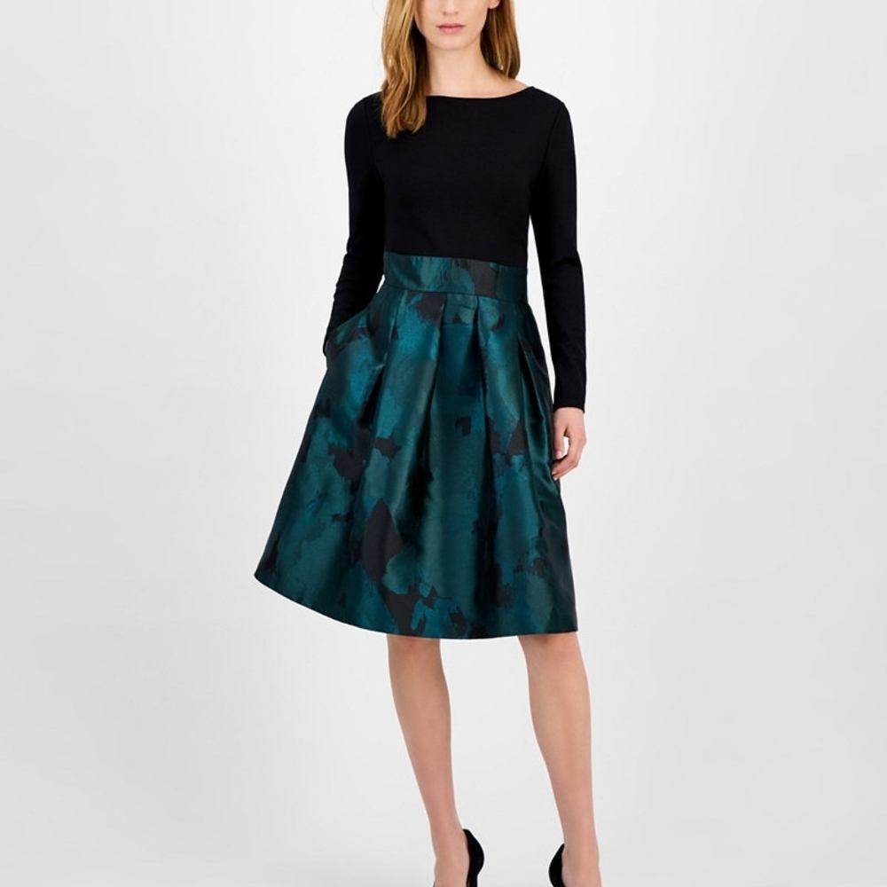 Anne Klein Serenity Jacquard Mixed Media Boat Neck Dress Womens 12
